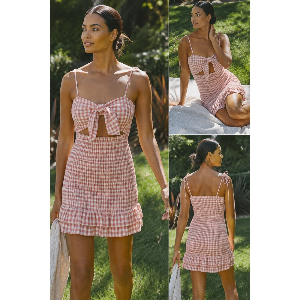 MABLE Pink Gingham Smocked Mini Dress Tie Front Cutout Size Medium